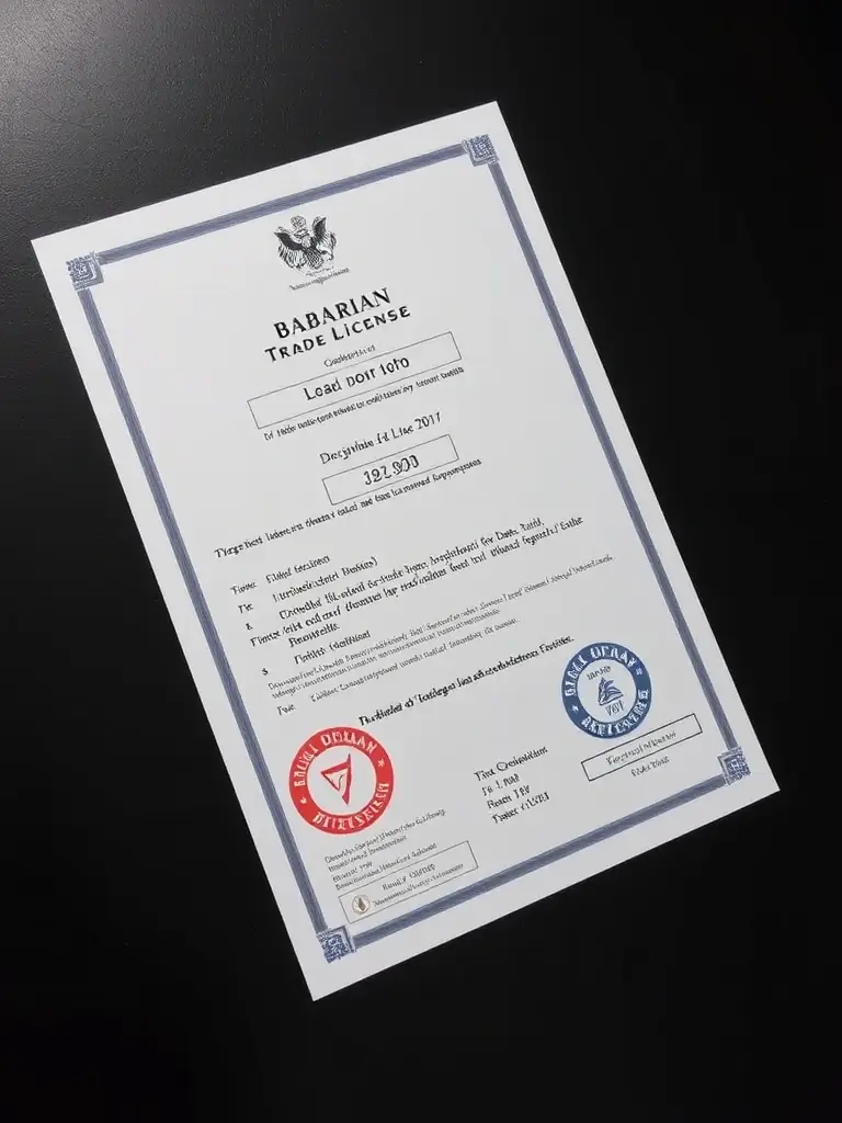 A clear image of the company's trade license issued by the Bavarian authorities, showing the official seal and registration details, used to verify legal operation.