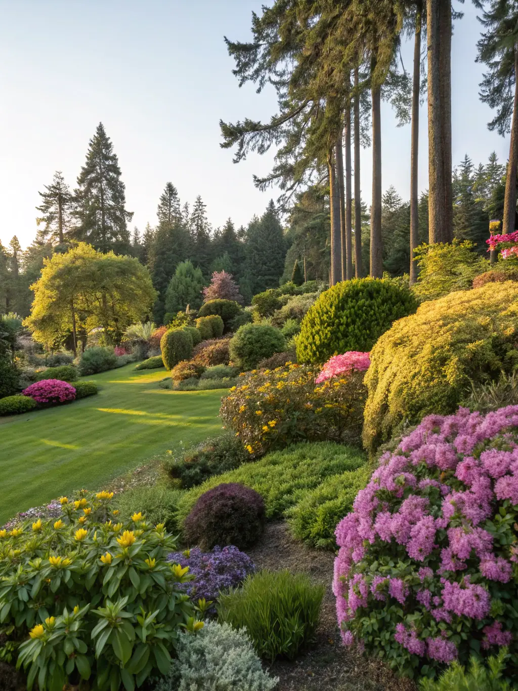 A photograph of a newly constructed public garden with vibrant flower beds and manicured lawns, showcasing HK Landschaftspflege's expertise in garden construction for municipal clients.