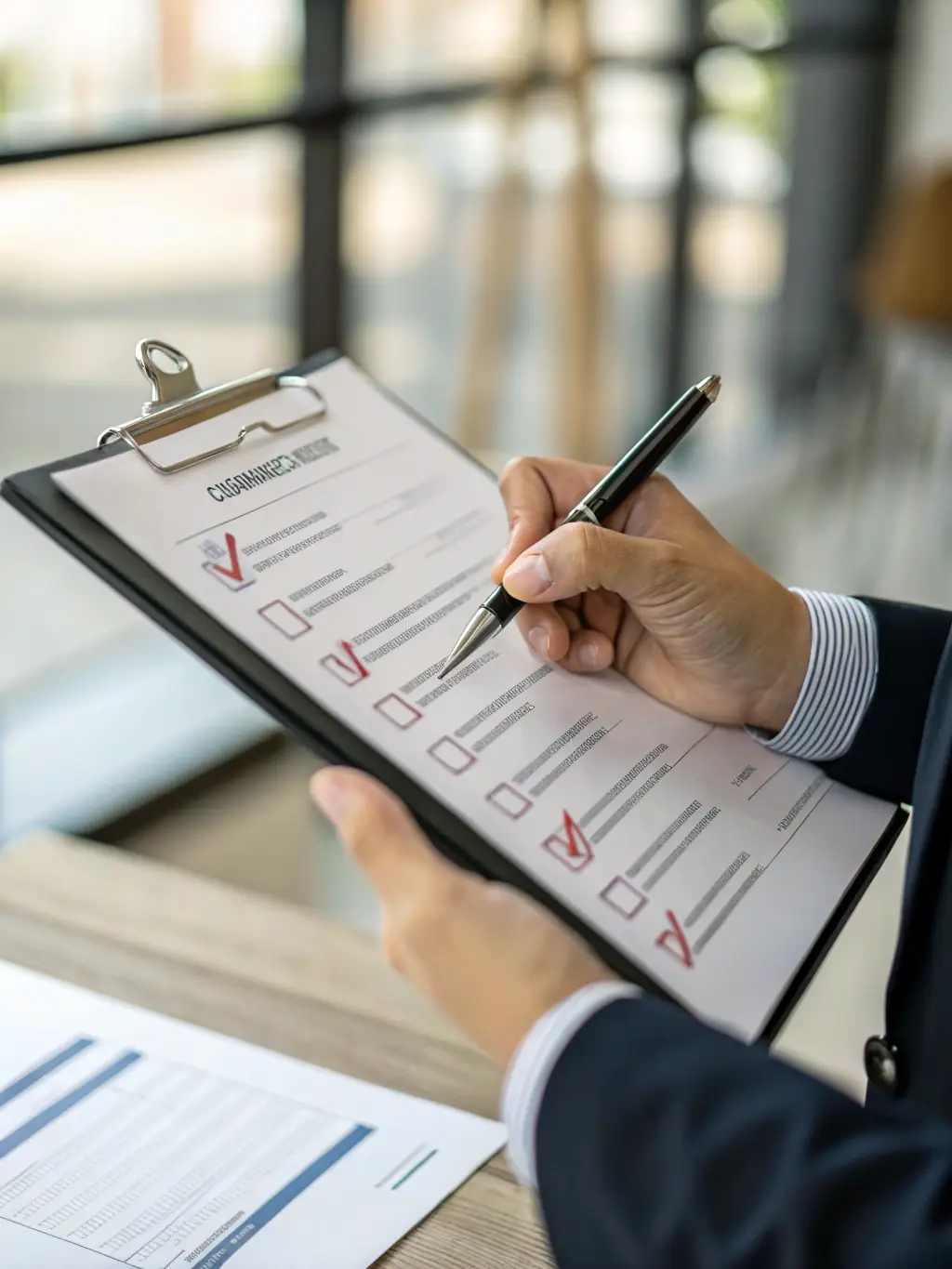 A photograph of a compliance checklist being reviewed by a staff member, highlighting adherence to environmental regulations and safety protocols on a project site.
